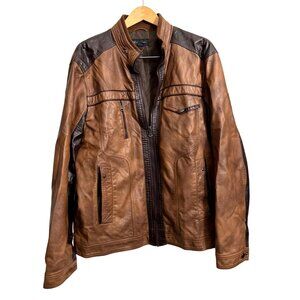 Mens INC Faux Leather Brown & Black Jacket XL With Zipper Pockets & Stand Collar